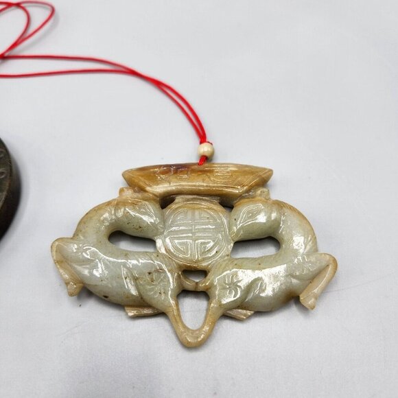 Jade Pendant Amulet Chinese Symbol Lot of 2 Deer Carved Stone Vtg 1980s - Picture 4 of 10